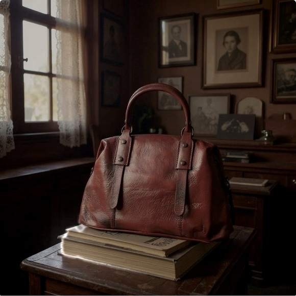 Mahogany LEATHER doctor bag/handbag. Versatile styling w/scarf shoulder strap. - Picture 7 of 13